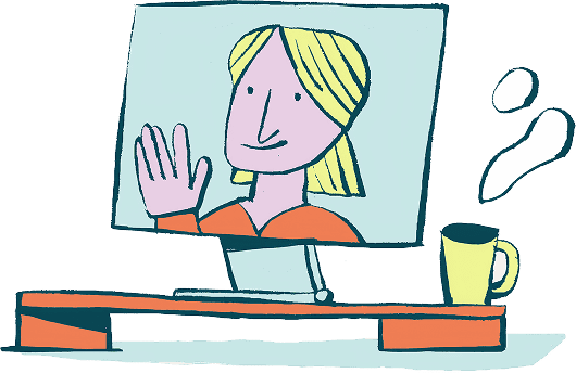 desk with computer and coffee, therapist waving from screen.